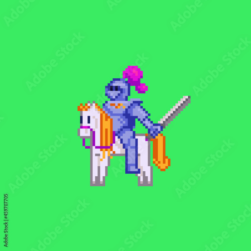 Brave knight on a white horse. Pixel art style. Vector illustration