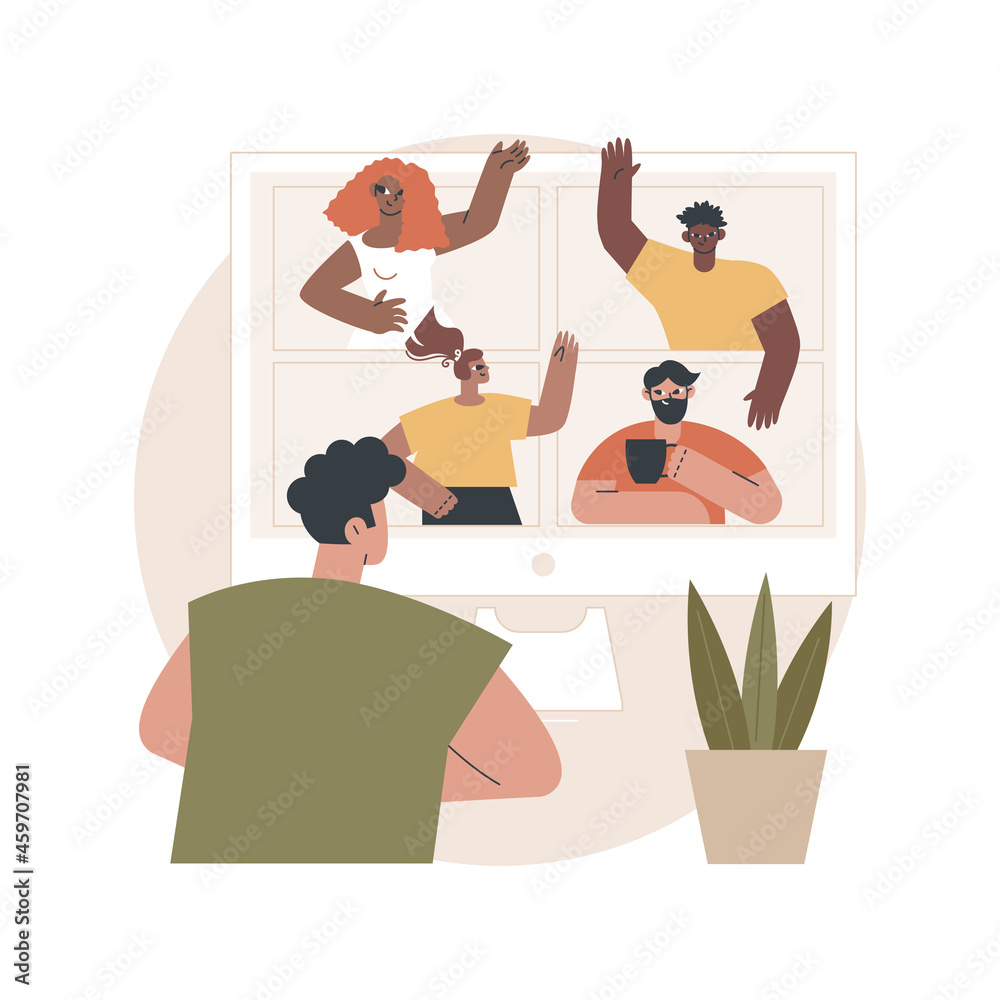 Online friends meeting abstract concept vector illustration. Social connection, video call, zoom conference, social distancing, quarantine fun, laptop screen, leisure time abstract metaphor.