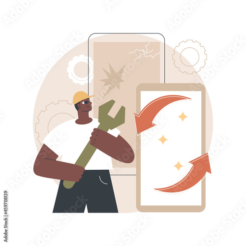 Refurbished device abstract concept vector illustration. Refurbished mobile phone, certified restored products, repaired electronics offer, used gadget, buy eco-friendly device abstract metaphor.