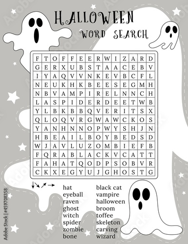 Happy Halloween word search puzzle. October crossword game. Printable worksheet for learning English words. Autumn theme. Find 16 hidden words. Vector illustration  with ghosts characters 