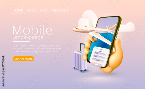 Smartphone airplane app banner concept, place for text, airport online application, luggage mobile service. Vector