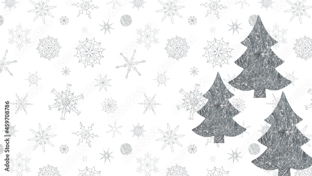 Three silver sisal Christmas trees on a white background with snowflakes. New Year or Christmas banner. Place for your text. design element Three silver sisal Christmas trees on a white background with snowflakes. New Year or Christmas banner. Place for your text. design element