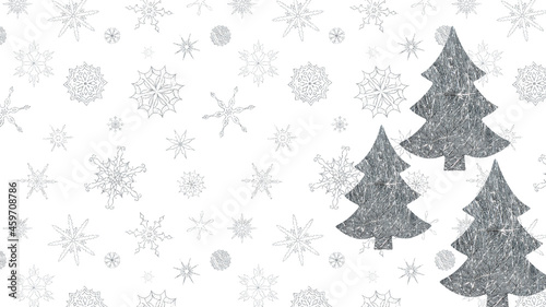 Three silver sisal Christmas trees on a white background with snowflakes. New Year or Christmas banner. Place for your text. design element