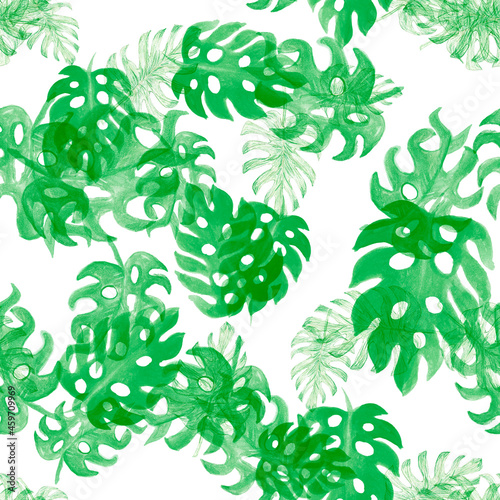 Natural Monstera Textile. Organic Seamless Palm. Pattern Set. Watercolor Plant. Tropical Wallpaper. Floral Leaves. Summer Textile. Botanical Texture.