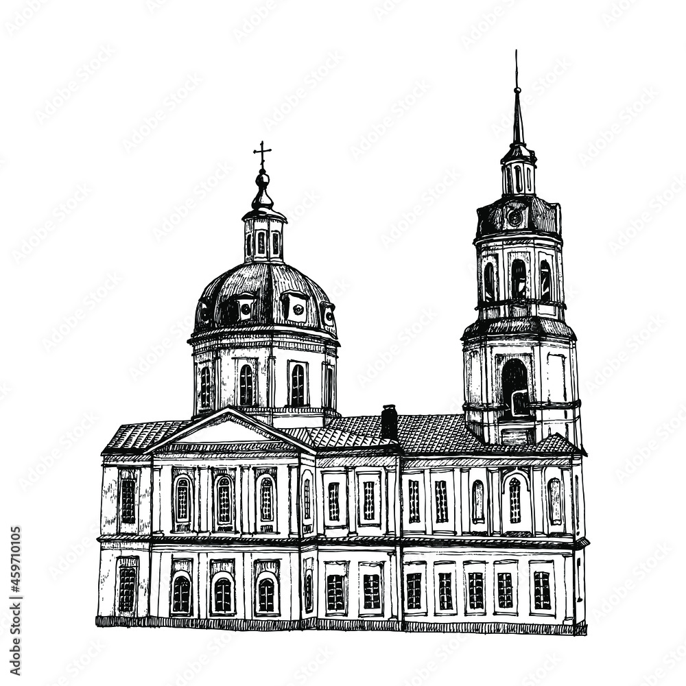 Vector illustration of the church. Drawing of the church. Spassky Cathedral (the city of Vyatka).