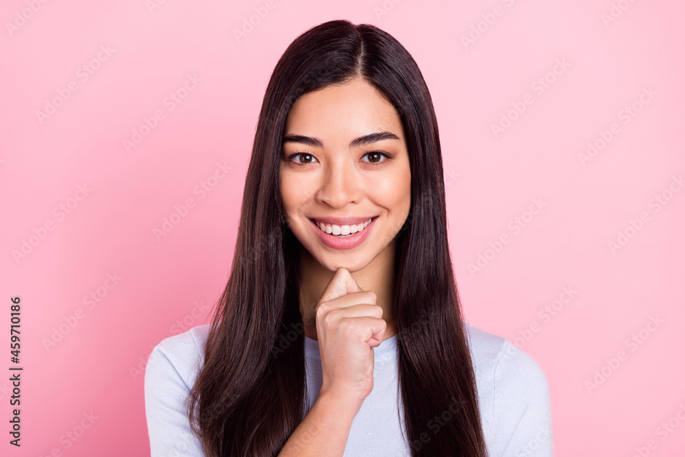 Photo portrait of brunette thoughtful touching chin clever got idea isolated on pastel pink color background Photo portrait of brunette thoughtful touching chin clever got idea isolated on pastel pink color background