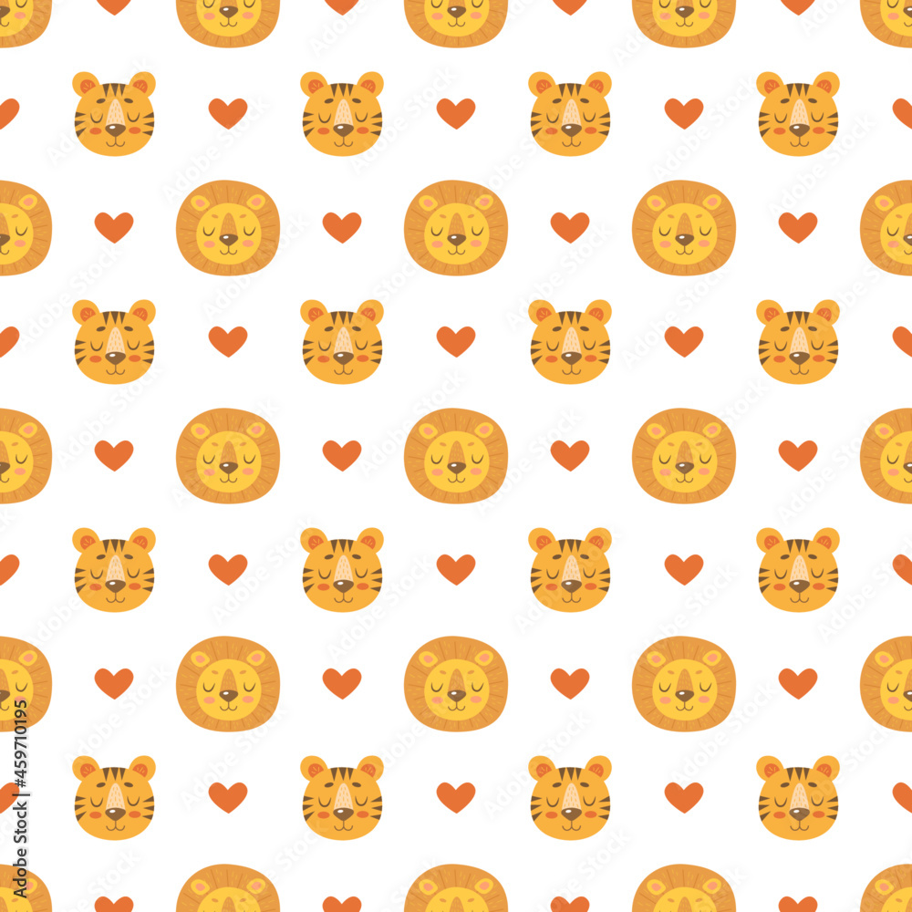 Obraz premium Seamless pattern with cute lions and tigers and hearts isolated on white background