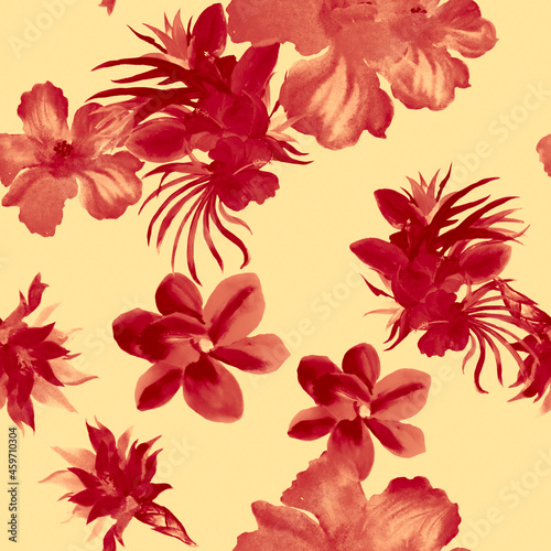 Red Watercolor Leaf. Pink Flower Wallpaper. Scarlet Seamless Foliage. Coral Hibiscus Design. Pattern Leaves. Tropical Leaves. Fashion Foliage.Art Illustration.