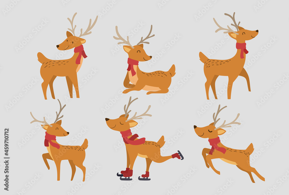 Set of Cute Reindeer character design. Happy and Funny cartoon with gift and decorative elements for Christmas vector illustration Set of Cute Reindeer character design. Happy and Funny cartoon with gift and decorative elements for Christmas vector illustration