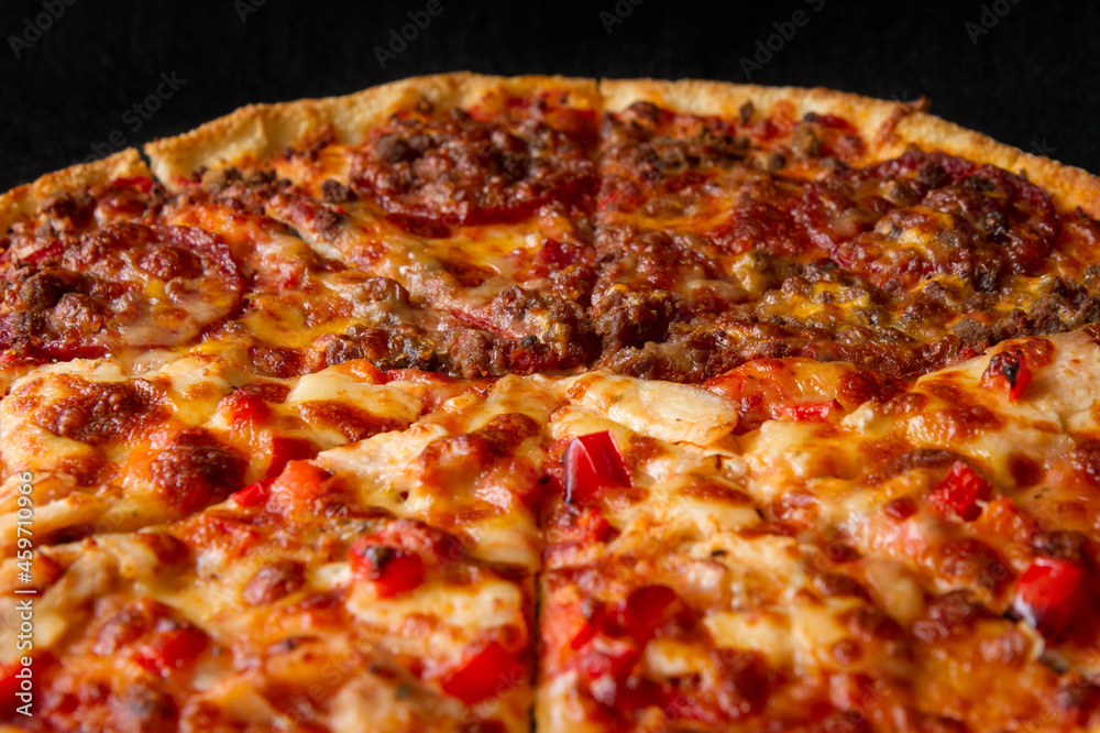 Half and Half Pizza - Ground Beef and Spicy Chilli Cheese Vegetarian Commercial Italian food Half and Half Pizza - Ground Beef and Spicy Chilli Cheese Vegetarian Commercial Italian food