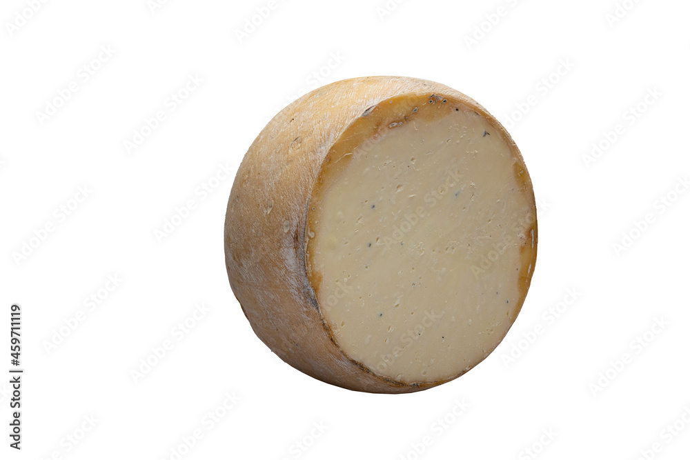 One round old cheese. Old cheddar cheese. Delicious cheese on a white background.