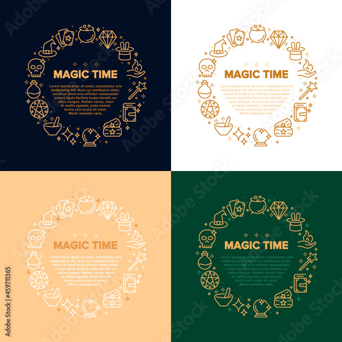 Magic icon. Vector infographic illustration of line magic and circus icons with wand, wizard, magic hat, broom, spell book, fantasy, rabbit, magical sphere. Magician tools for web design, apps.