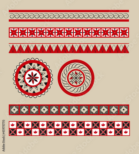 A set of vector ethnic red and black border dividers in the style of Russian folk northern Mezen painting for decoration