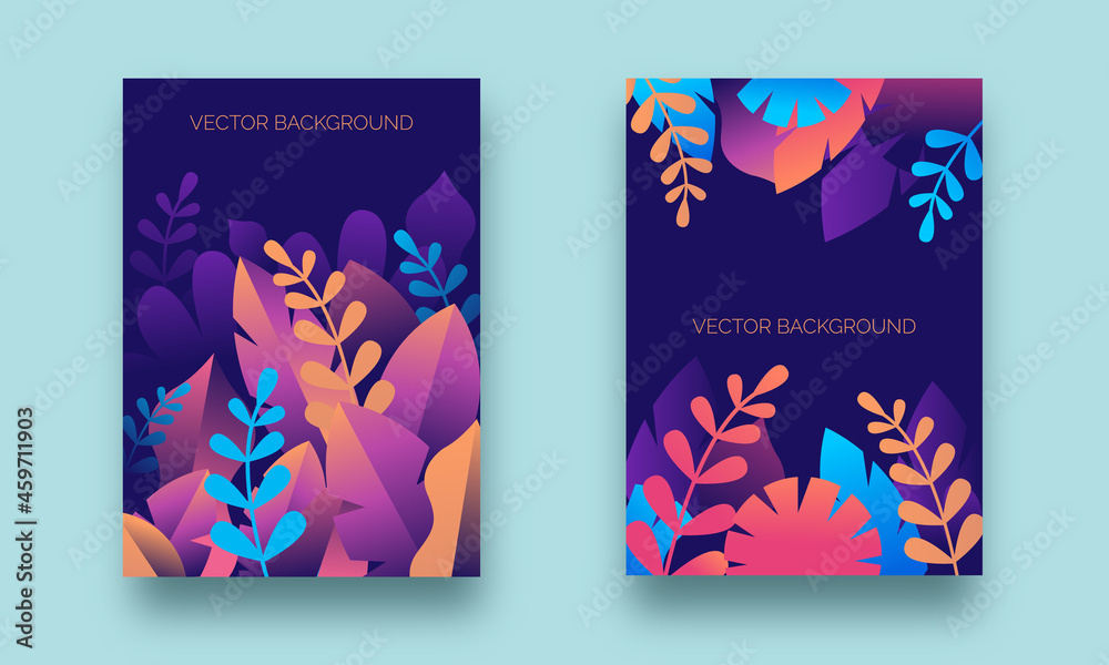 Vector set of modern blue background with colorful flower and leaves illustration template, flyer, poster, card