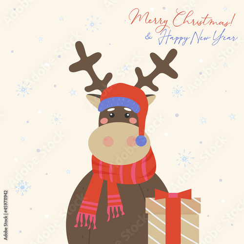 Merry Christmas greeting card. Cute reindeer in a red crocheted scarf and Santa Claus hat brought a gift. Holiday vector illustration