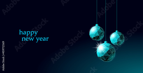 Christmas tree ball decoration low poly. Modern futuristic technology art template greeting card. Dark blue background. Glowing sparkling 3D render sphere Happy New Year banner vector illustration
