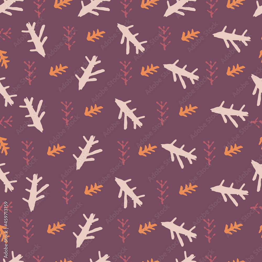 Autumn seamless pattern with different twigs in brown, orange and burgundy colors.
