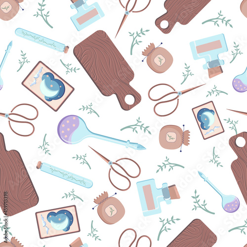 Seamless pattern with tea and coffee cups in pastel colors on white background. Shabby chic backgroun.