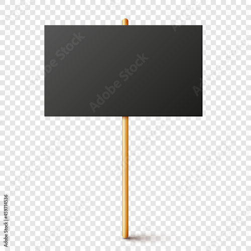 Blank black protest sign with wooden holder. Realistic vector demonstration banner. Strike action cardboard placard mockup.