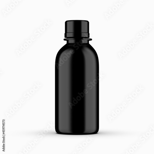 Realistic plastic black bottle pharmaceutical 3D rendering object isolated with white background