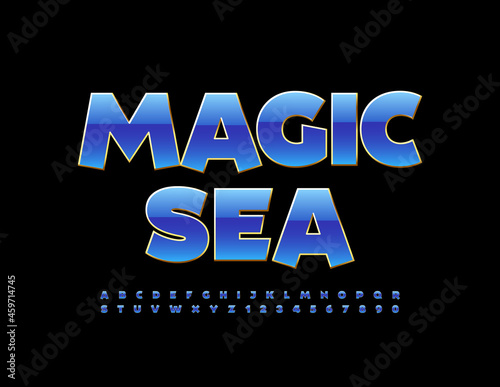 Vector bright Logo Magic Sea. Trendy Blue Font. Artistic Alphabet Letters and Numbers set