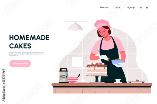 Woman preparing cake in home kitchen. Housewife makes sweet pastries to order. Home bakery web page concept. Cooking master class. Vector illustration in flat style.