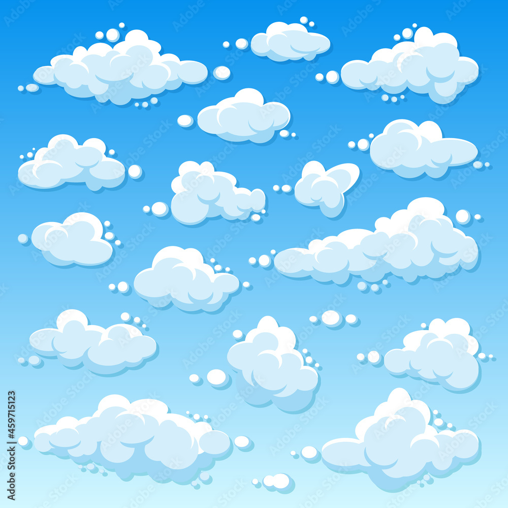 Various round clouds with shadow on blue gradient background. Summer sky panorama. Simple cartoon cloud. Flat design. Vector illustration.