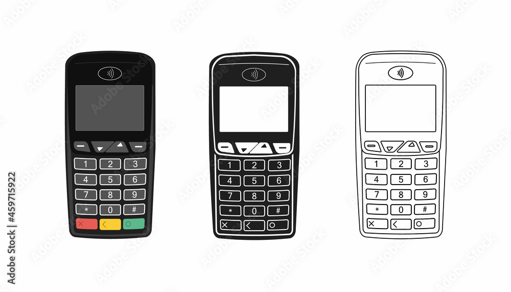 Set payment terminal mockup. Cash register. Vector illustration. Set payment terminal mockup. Cash register. Vector illustration.