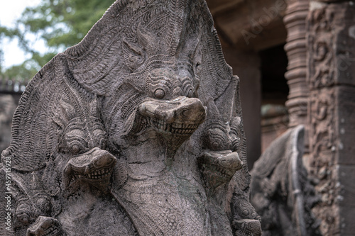 buddha lion statue in khmer hindu temple in archaeological site Thailand Buriram Isan