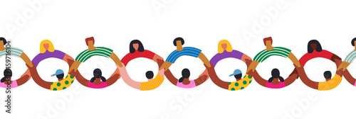 Diverse people group holding hands together making infinite symbol shape. Cooperation support or friend team concept, seamless cartoon pattern on isolated background.