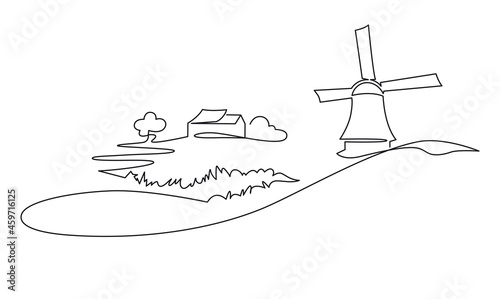 Rural Italian landscape continuous one line vector drawing. Hills, house, trees, mill and lake hand drawn silhouette. Country nature panoramic sketch