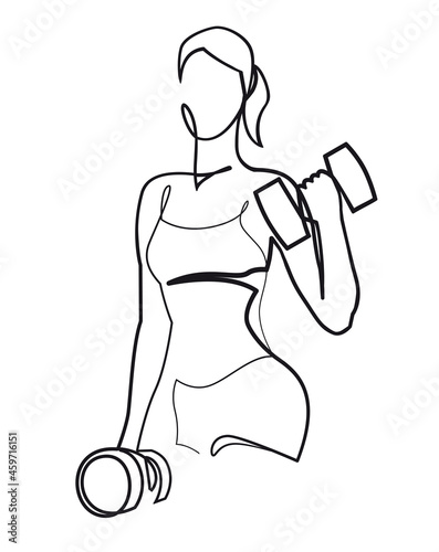 Woman lifting weights continuous one line drawing. Female bodybuilder vector hand drawn silhouette clipart. Lady working out. Gym training illustration.