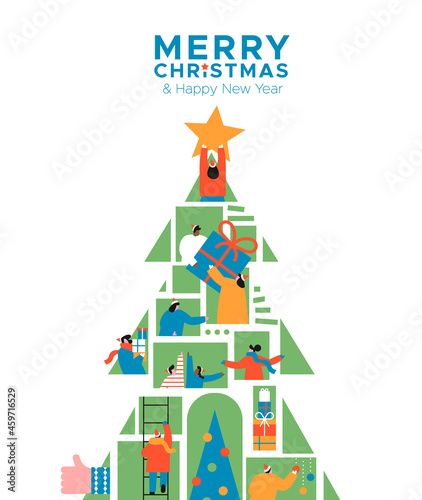 Christmas New Year diverse people online pine tree