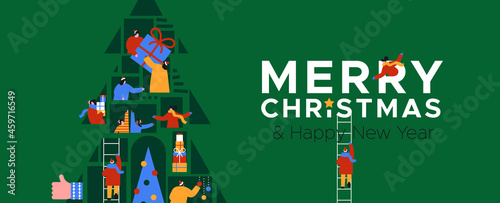 Christmas New Year people online pine tree banner