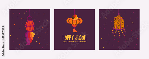 Set of Happy Diwali cards. Indian Festival of Lights. Hand painted holiday candles and lights. Asian decorative element. Vector flat illustrations.
