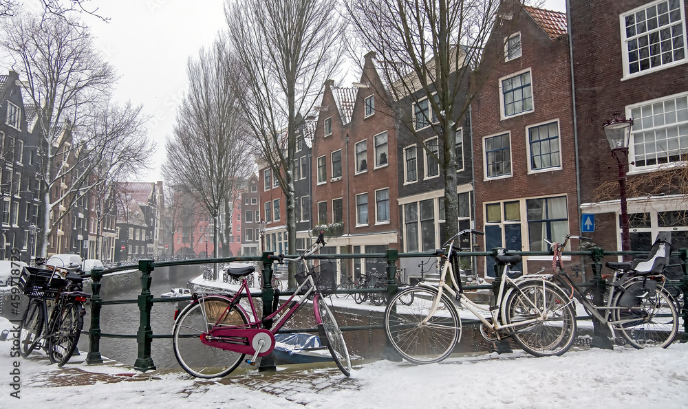 Snowing in Amsterdam the Netherlands in winter