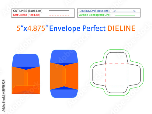 Policy-open end envelope or catalog envelope 5x4.875inch dieline template and 3D box editable easily resizable