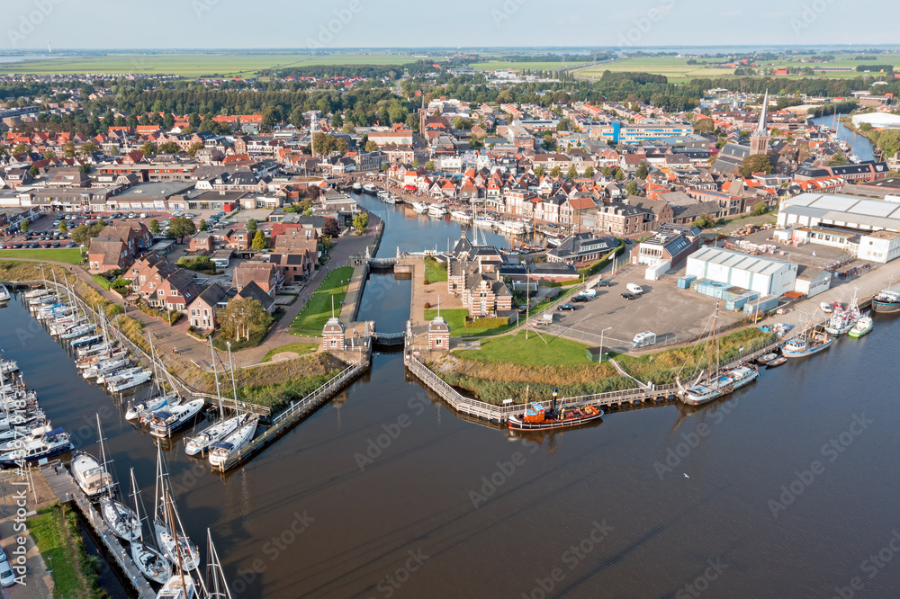 Aerial from the historical city Lemmer in Friesland the Netherlands - obrazy, fototapety, plakaty 