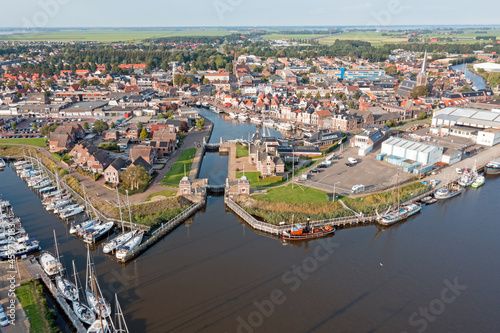 Aerial from the historical city Lemmer in Friesland the Netherlands