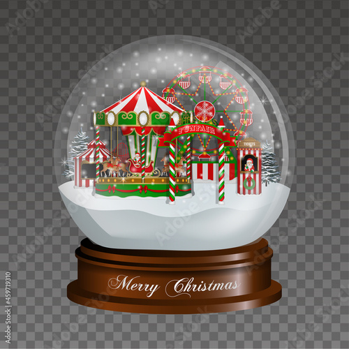 Christmas snow globe with funfair. christmas luna park landscape.