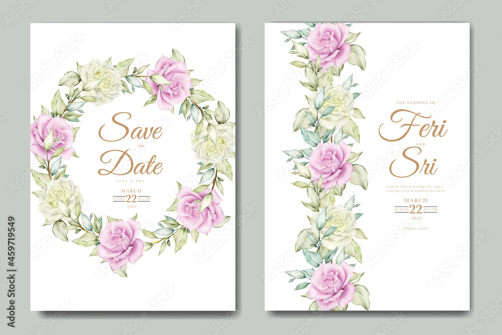 beautiful flower and leaves watercolor wedding invitation card template