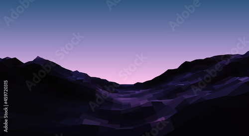 Calm evening landscapewith mountains and violet sky over pink horizon. Polygonal terrain in 80s vaporwave style.