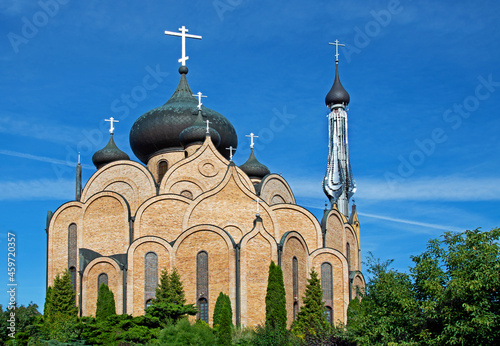 Built of brick in the 1980s, the Orthodox Church of the Holy Spirit, together with a free-standing brick belfry in the city of Białystok in Podlasie, Poland