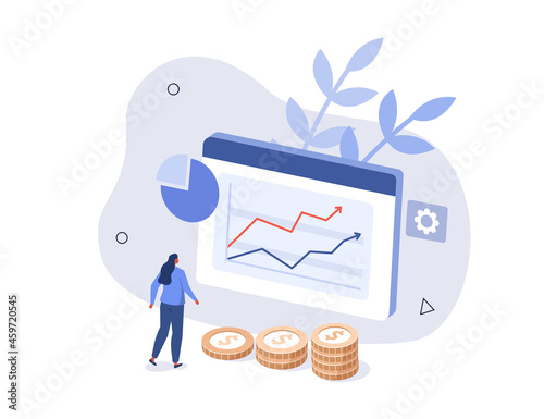 Character analyzing financial data and planning investment strategy. People examining graphs, charts and diagrams. Financial research concept. Flat isometric vector illustration.