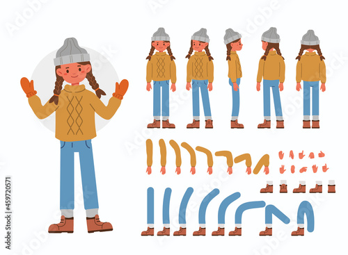 Cute girl wearing winter clothes. Character constructor for animation. Front, side and back view. Body parts and postures collection. Flat cartoon vector illustration isolated.
