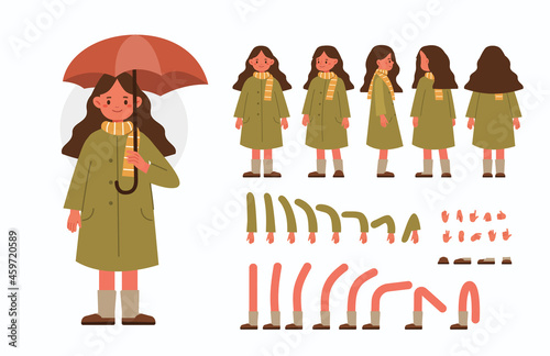 Cute girl wearing autumn clothes and holding umbrella. Character constructor for animation. Front, side and back view. Body parts and postures collection. Flat cartoon vector illustration isolated.