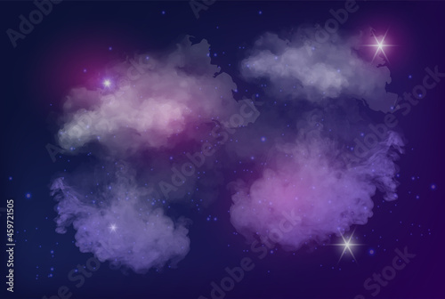 Cute cosmic watercolor background with colorful stars. Colorful space background template with clouds for social media banner. Flat cartoon vector illustration