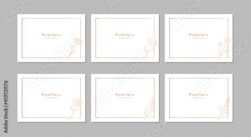 花のイラストを装飾したデザインフレーム　グラフィックやデザイン用　白地にローズゴールド