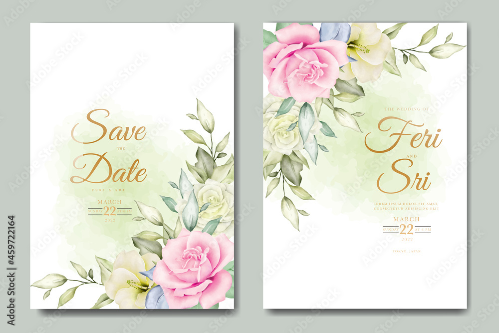 beautiful flower and leaves watercolor wedding invitation card template