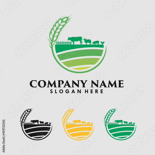 Vector farm with cow, pig, sheep and chicken logo design
